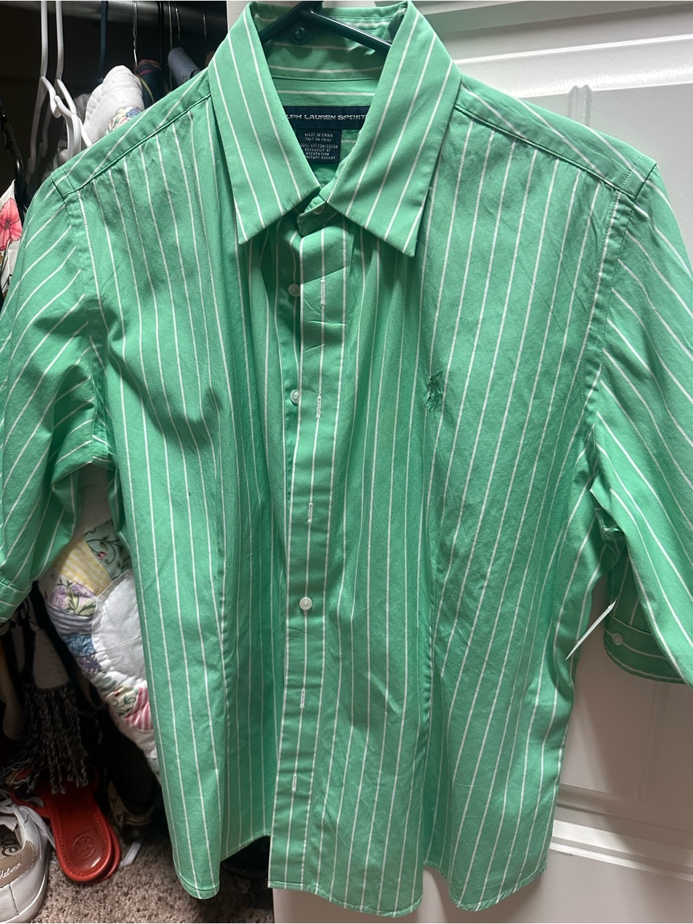 Ralph Lauren Green and White Striped Button-Down Shirt